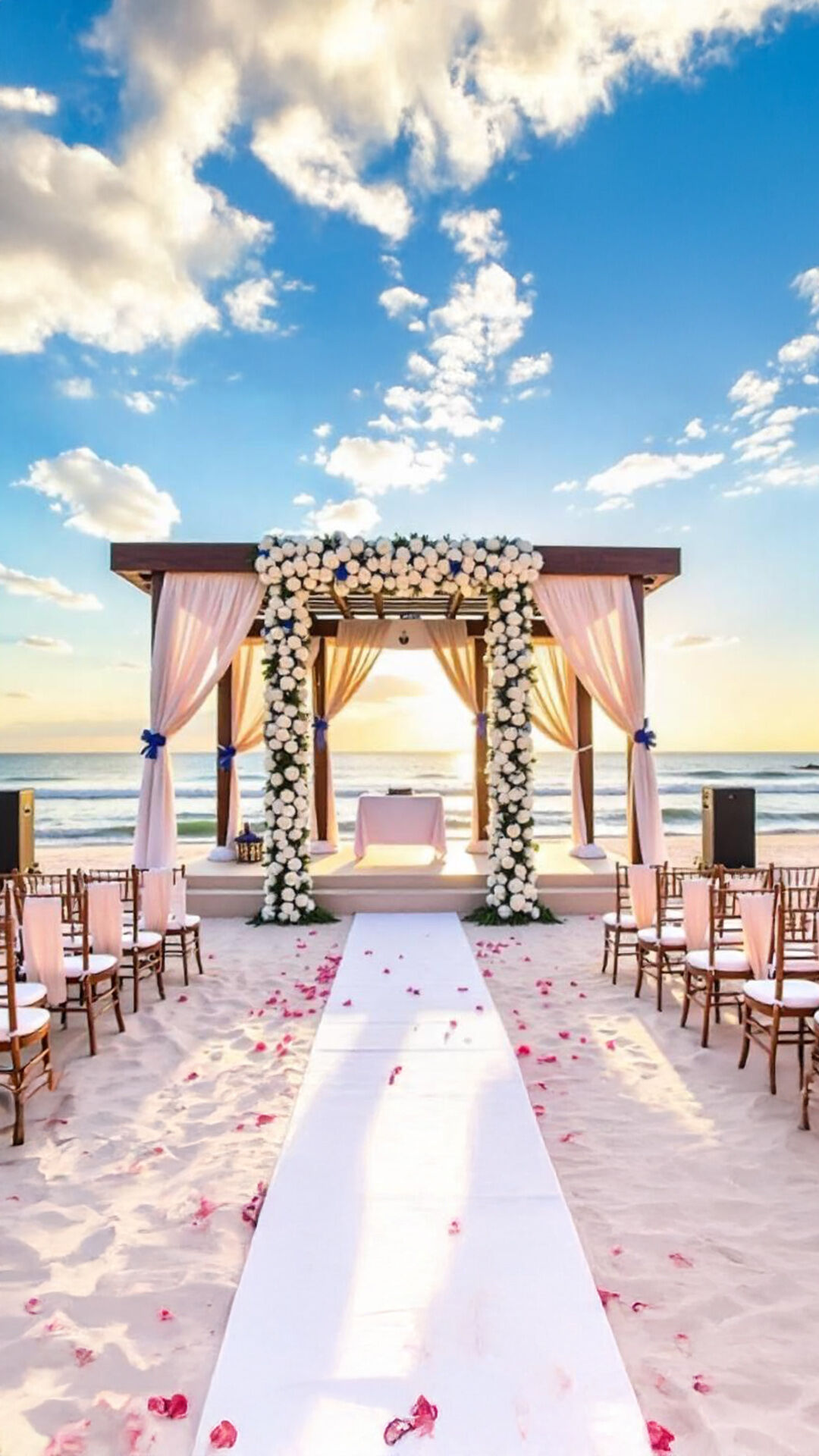 Romantic beachside wedding setup with elegant décor and ocean backdrop.